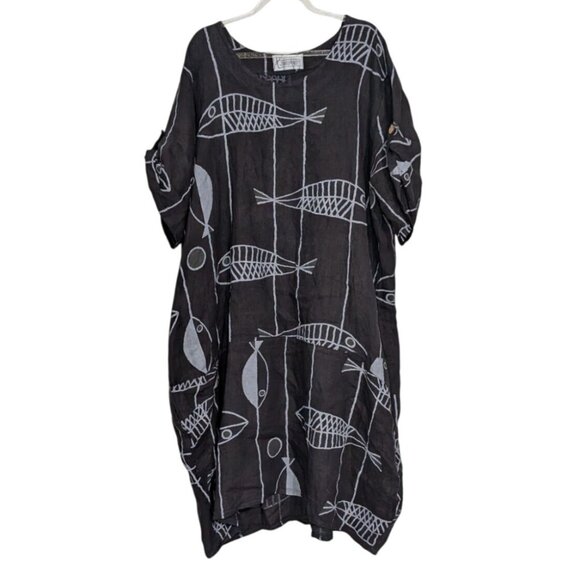 T by Transparente Fish Linen Dress Womens Size XXL Black Italian Lagenlook - Picture 1 of 9